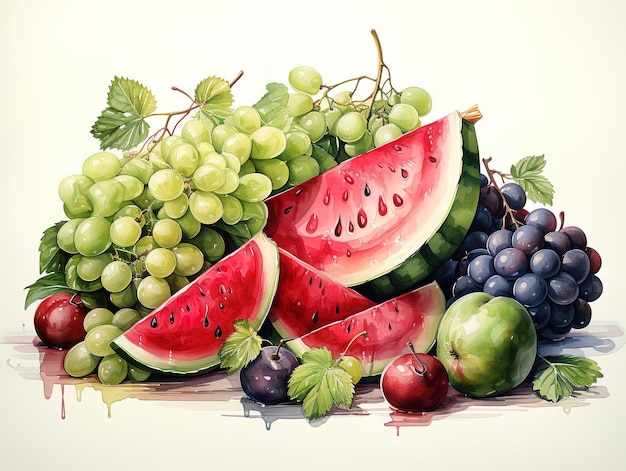 Realistische Aquarellzeichnung von Fruchtscheiben, Wassermelonen, Trauben, Birnen, Äpfeln, Erdbeeren