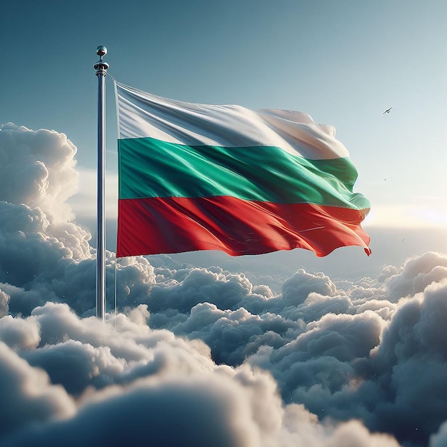 Realistische bulgarische Flagge auf einem Fahnenmast, die im Wind gegen weiße Wolken winkt