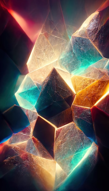 Realistische bunte glänzende leuchtende magische Kristalle abstrakter Hintergrund Luxustapete Digitale Kunst