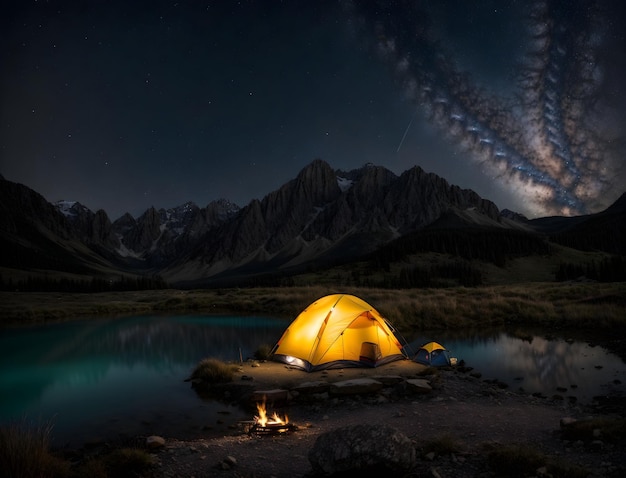realistische Campingszene mit gelbem Zelt und Lagerfeuer am See bei Nacht