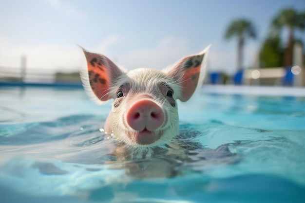 Foto realistische collage, erzeugt durch ein ki-bild eines niedlichen kleinen tierschweins, das im pool des spa-resorts schwimmt und sich entspannt