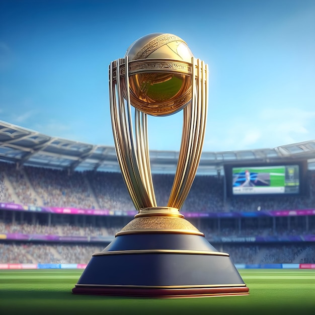 Foto realistische cricket-icc-odi-weltcup-trophäe auf dem hintergrund des cricketstadions icc-world-cup-trophee