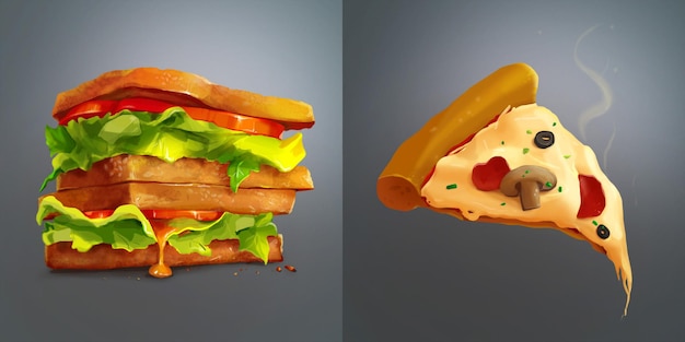 Realistische Darstellung des Sandwich- und Pizza-Fast-Food-Konzepts