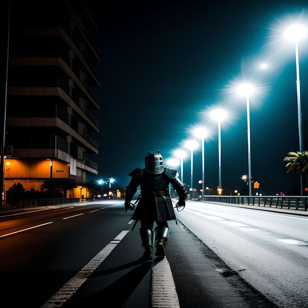 Realistische Darstellung eines Ritters, der mit Straßenlampen durch die Straße geht