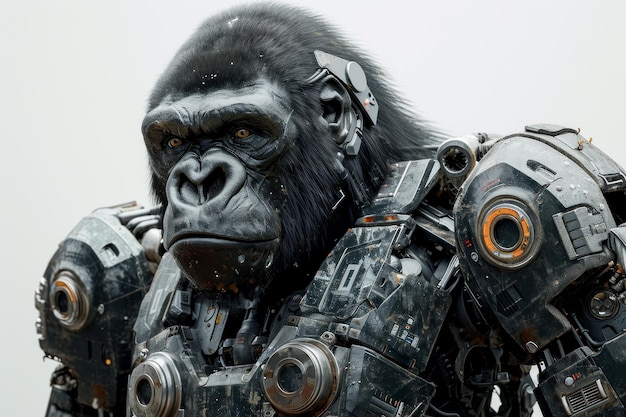 Realistische Darstellung eines robotisch modifizierten Gorillas mit cybernetischen Armen und mechanischen Upgrades vor einem festen weißen Hintergrund Generative KI