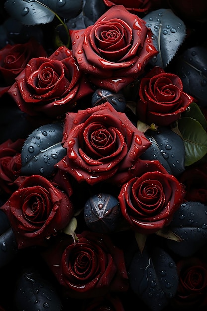 realistische Darstellung schwarzer Rosen, die einen geraden Rand auf einem einfarbigen schwarzen Hintergrund bilden. KI-Generierung
