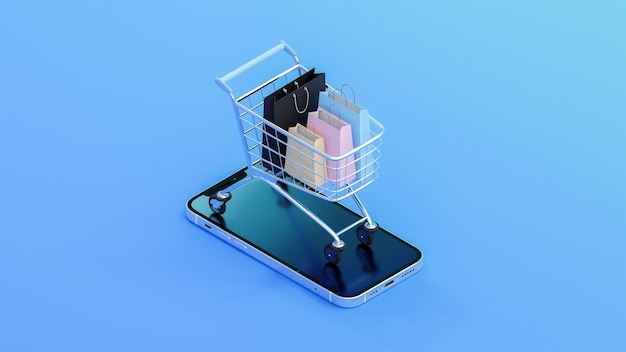 Realistische Einkaufstaschen mit Einkaufswagenbild auf einem Smartphone für Online-Shopping-Konzeptdesign 3d isoliert auf blauer Hintergrundvorlage Online-Shop-Stil 3D-Rendering