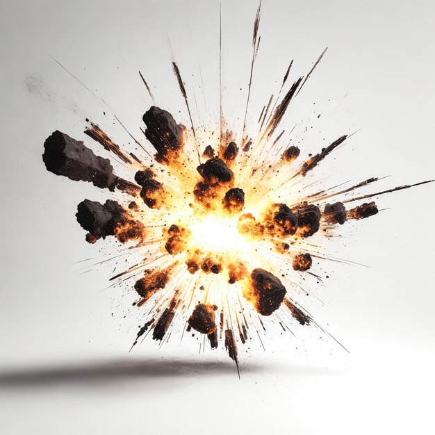 Foto realistische feurige explosion über einem weißen hintergrund explosion explosion von trüben staub 3d-illustration