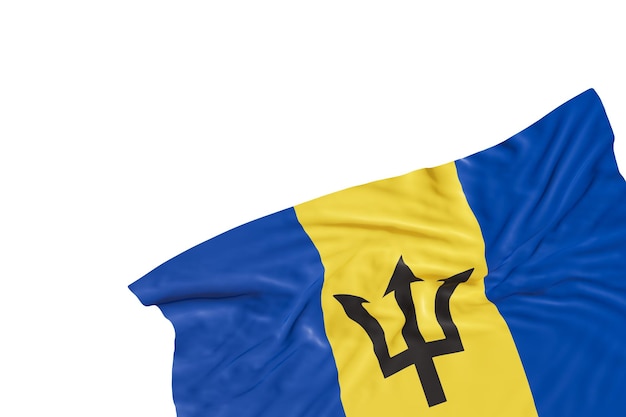 Realistische Flagge von Barbados mit isolierten Falten auf weißem Hintergrund Fußzeilen-Eck-Design-Element Ausschnitt Perfekt für patriotische Themen oder nationale Veranstaltungspromotionen Leerkopierraum 3D-Rendering