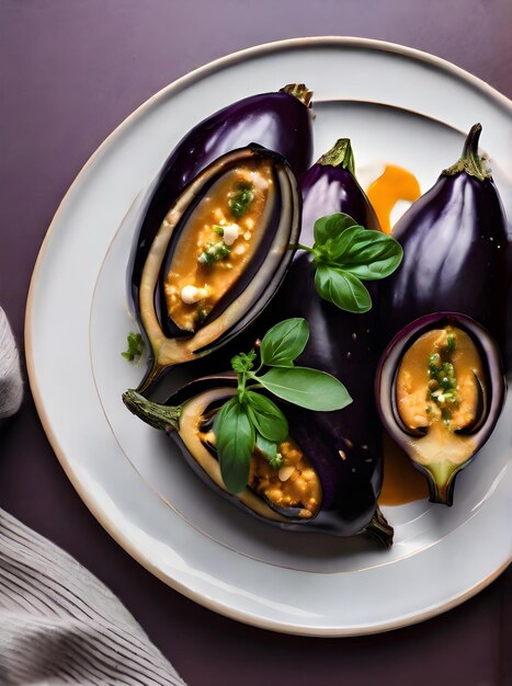 Realistische gebackene Aubergine mit warmer Beleuchtung hoch detaillierte gemütliche Atmosphäre in einer neutralen Farbpalette mittel shot in einem Restaurant Niemand anwesend Generative KI generiert