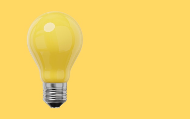 Realistische gelbe Glühbirne 3D-Rendering Symbol auf gelbem Hintergrund Textbereich