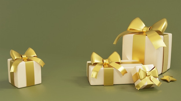 Realistische geschenkboxen und 3d-rendering der golddekoration