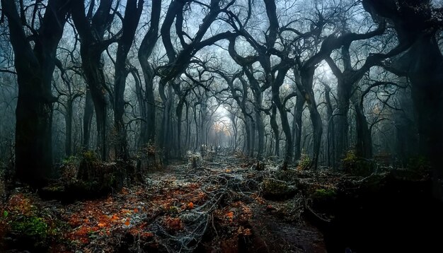 Realistische gespenstische Waldlandschaft bei Nacht. Fantasy-Halloween-Wald-Hintergrund. 3D-Darstellung