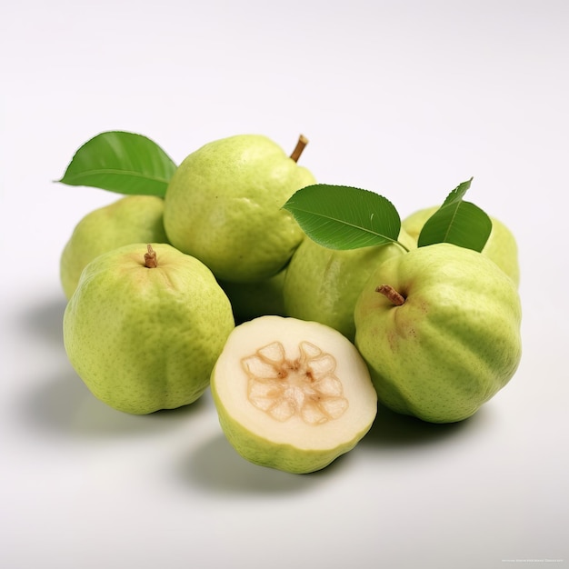 realistische Guaven auf Tisch weißer Hintergrund 8k Hyperrealismus