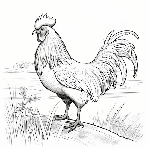 Realistische Hahn Malblätter Detaillierte Darstellung eines Hühners auf einem Feld