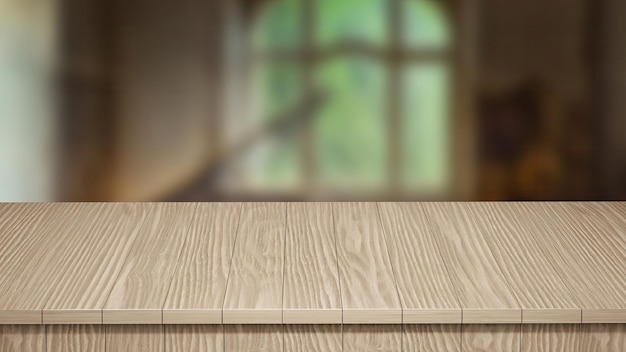 Realistische Holztischplatte Vorderansicht 3d-Rendering Ein Holztisch mit verschwommenem Hintergrund