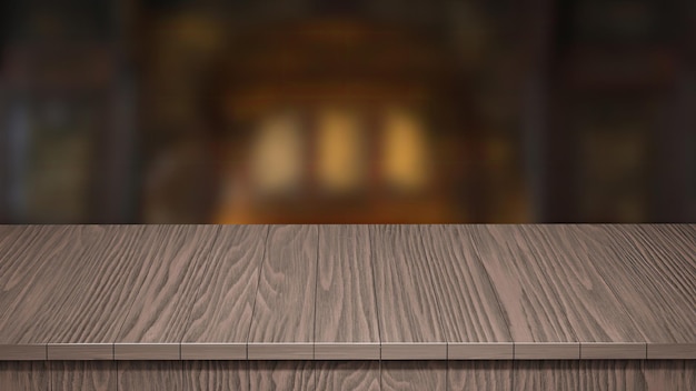 Realistische Holztischplatte Vorderansicht 3d-Rendering Ein Holztisch mit verschwommenem Hintergrund