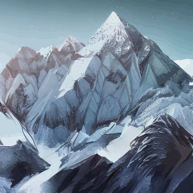 Realistische Illustration Berglandschaft mit einem Hügelwald mit Nadelbäumen unter blauem Winter