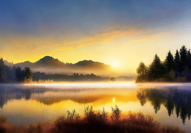 realistische Illustration der morgendlichen Aussicht auf eine friedliche Seelandschaft mit klarem Himmel und Nebel über dem Wasser