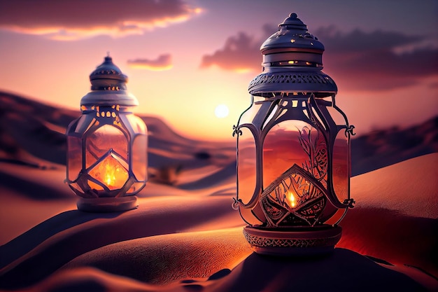 Realistische Illustration Ramadan-Laternen im Wüstenhintergrund bei Sonnenuntergang Generative ai