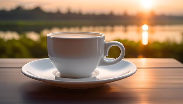 Foto realistische kaffeetasse mit sonnenaufgang