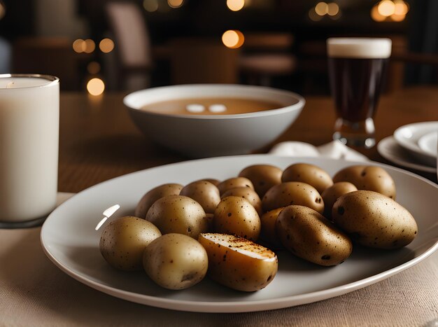 Realistische Kartoffeln gemütliche Atmosphäre warme Beleuchtung sehr detailliert Neutrale Farben Niemand Restaurant Generative KI generiert