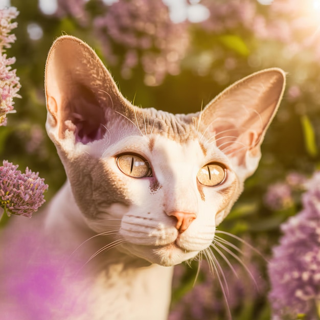 Realistische kornische Rex-Katze auf hinreißendem natürlichem Hintergrund im Freien