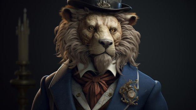 Realistische Löwenfigur im neoviktorianischen Anzug