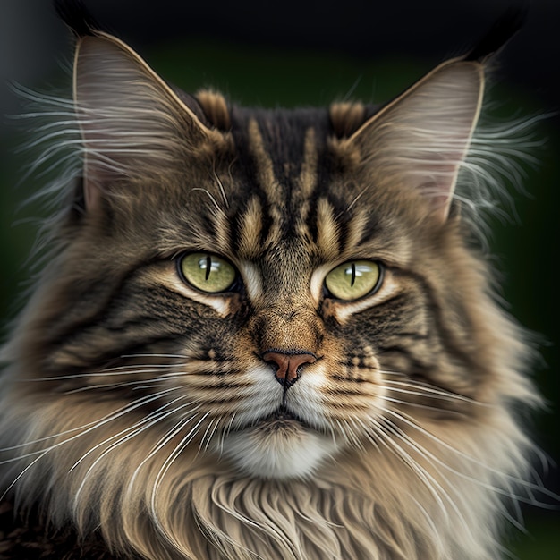 Realistische Maine-Coon-Katze auf hinreißendem natürlichem Hintergrund im Freien