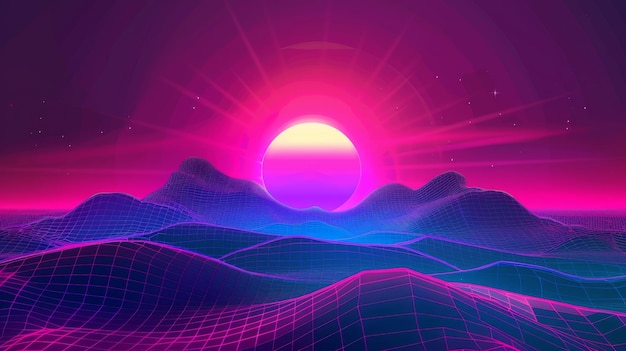 Realistische moderne Illustration eines neuen Retro-Wellen-Hintergrunds im Stil der 80er Jahre Abstraktes Drahtrahmen geometrische Hügellandschaft mit einem neonrosa Sonnenuntergang