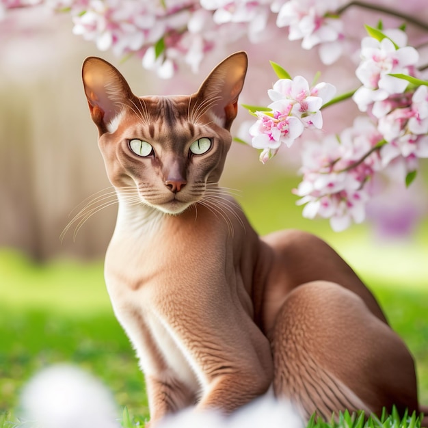 Realistische orientalische Katze auf hinreißendem natürlichem Hintergrund im Freien