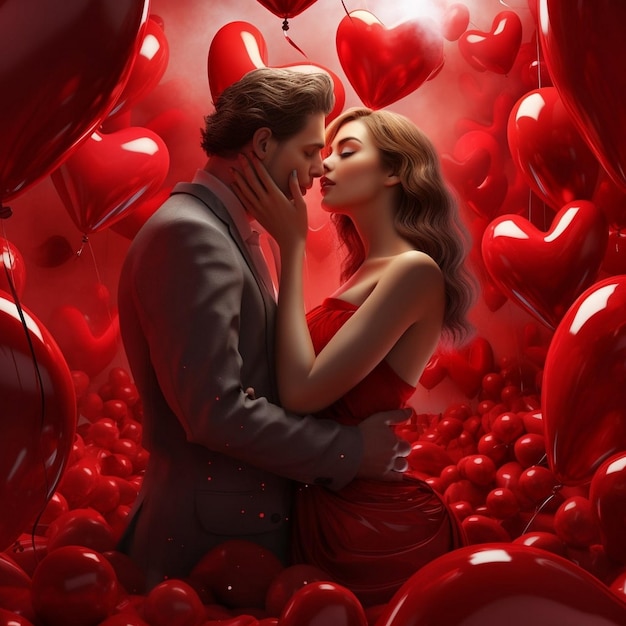 realistische Paarfeier mit rotem Outfit und Match-Hintergrund strahlende Lichtballons KI generieren