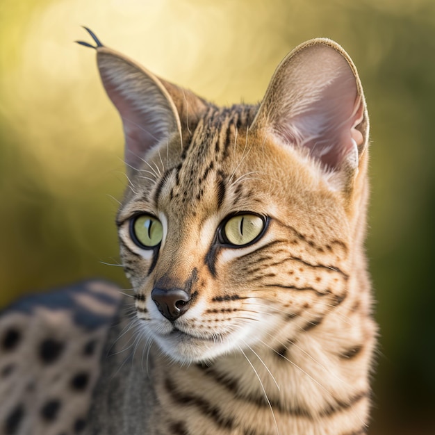 Realistische Savannenkatze auf hinreißendem natürlichem Hintergrund im Freien