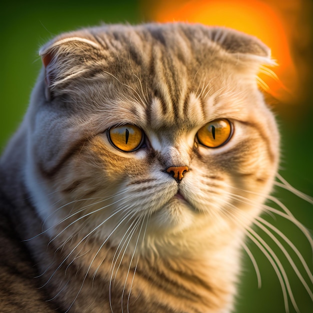 Realistische schottische Faltkatze auf hinreißendem natürlichem Hintergrund im Freien