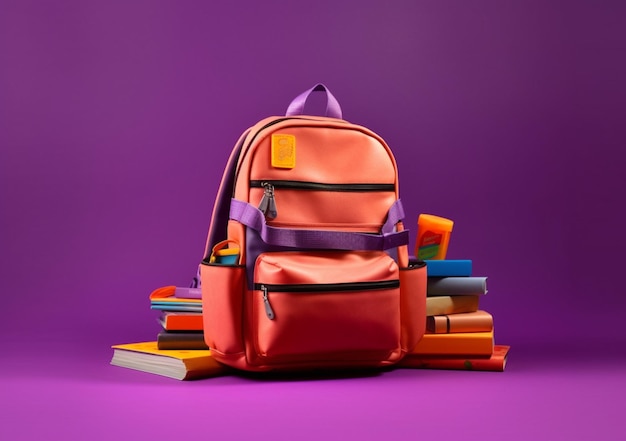 Realistische Schultasche mit Briefpapier Vorlage für ein Back-to-School-Werbeplakat, AI generiert