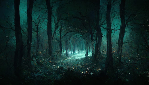 Realistische Spukwaldlandschaft bei Nacht. Fantasy-Halloween-Wald-Hintergrund.