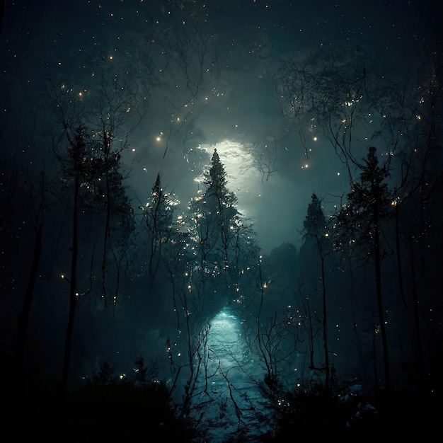 Realistische Spukwaldlandschaft bei Nacht. Fantasy-Halloween-Wald-Hintergrund.