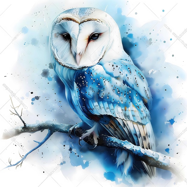 Realistische Tierporträts Blau-Weiß-Eule Aquarellmalerei