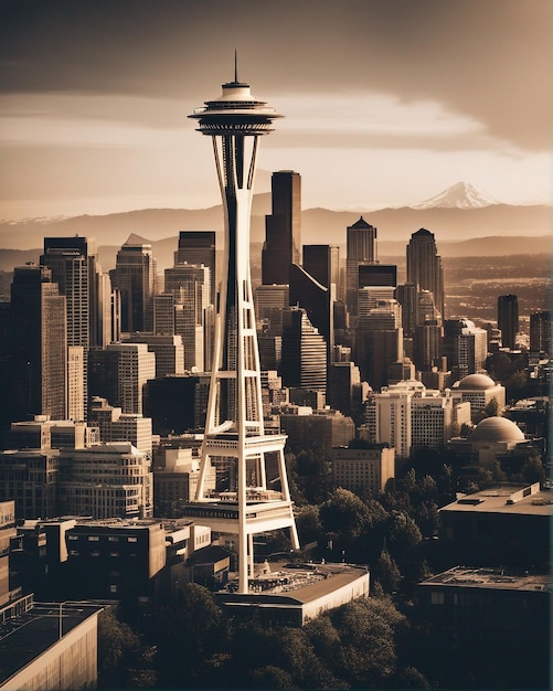 Realistische und filmische Sicht auf isometrische Architektur und Gebäude aus der Stadt Seattle in den USA