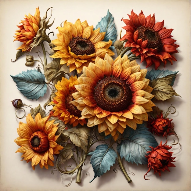 Realistische Vintage-Farbige Sonnenblumen