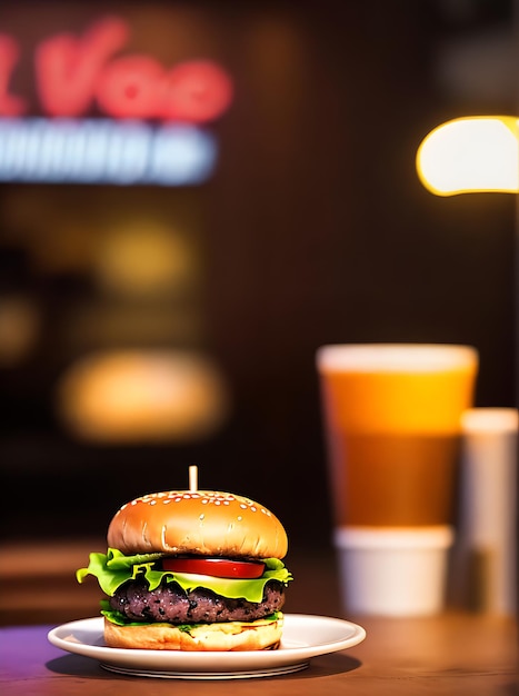 Realistische warme Beleuchtung des gemütlichen Burger-Restaurants detailliert