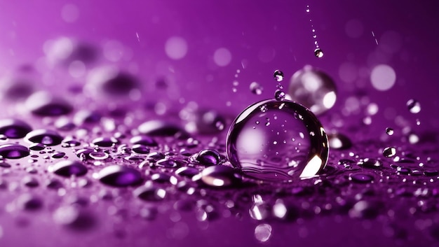 Realistische Wassertropfen auf lila Hintergrunddesign-Hintergrundbild, generiert von KI