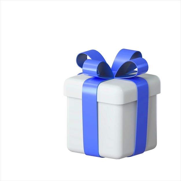 Realistische weiße 3D-Geschenkbox mit blau glänzender Schleife
