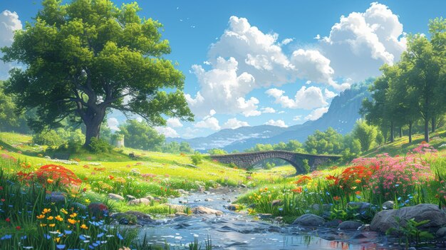 Realistische Zeichentrickfilmszene Hintergrundbild mit Flussufer, Bäumen, Blumenfeldern und Brücke