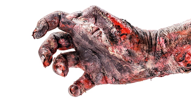 Realistische Zombie-Hand mit Wunden und Blut isoliert weißer Hintergrund Copyspace