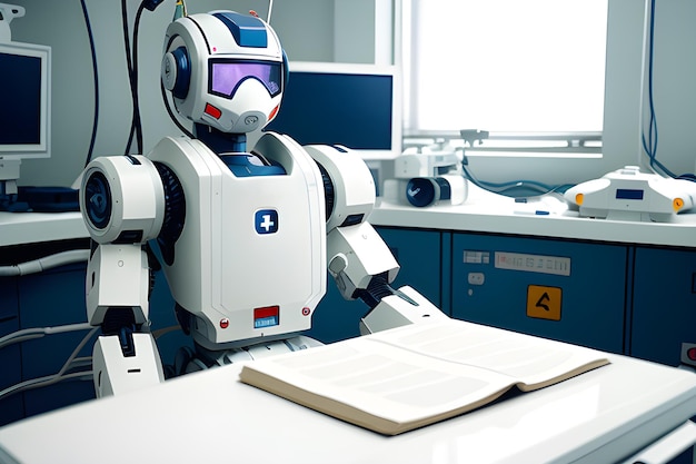 Realistischer 3D-Roboter-Sanitäter arbeitet im Krankenhaus. Die Idee eines Helfer-Bots im Alltag