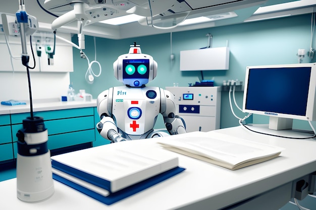 Realistischer 3D-Roboter-Sanitäter arbeitet im Krankenhaus. Die Idee eines Helfer-Bots im Alltag