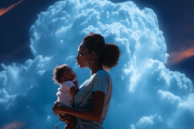 realistischer blauer Himmel mit Wolkenkomposition, der eine Silhouette einer afrikanischen Frau mit Baby erzeugt