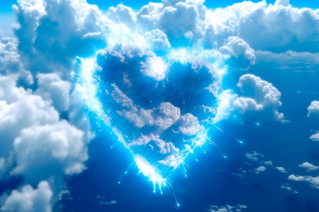 realistischer blauer Himmel mit Wolkenkomposition, die wie ein Herz in der Mitte atemberaubende Lichter aussieht