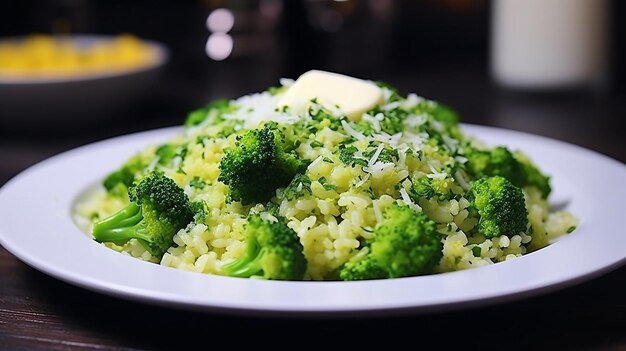 Realistischer Bulgur mit Brokkoli-Gericht auf einem weißen Teller